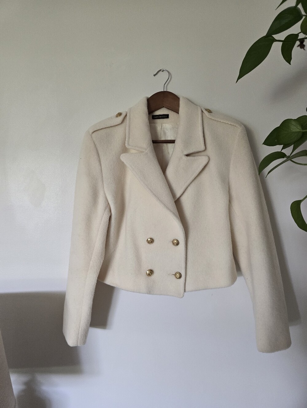 Vintage RJ Sullivan Cropped Military Style Ivory Coat Jacket Wool Blend, M/L